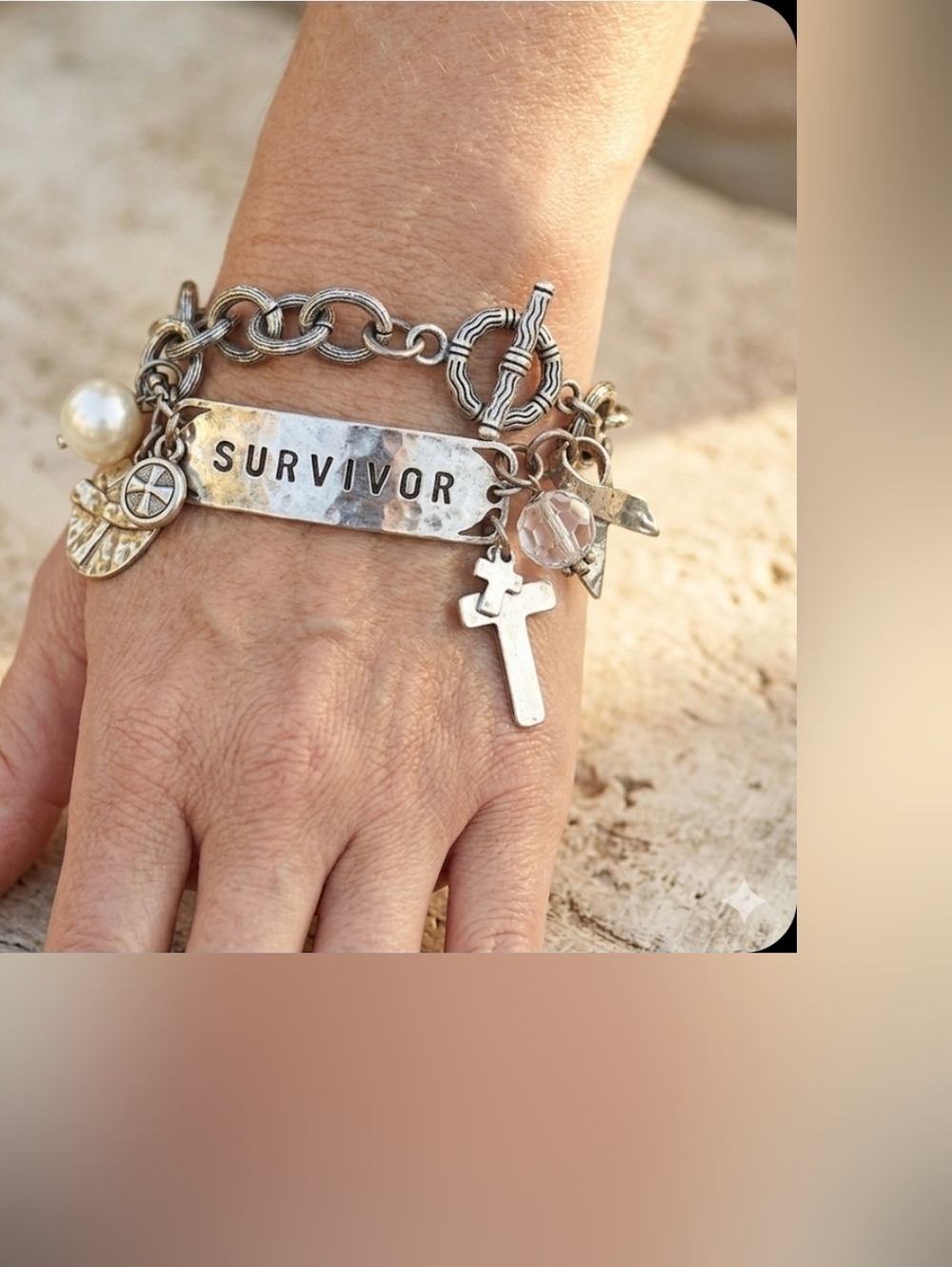 Survivor Charm Bracelet with Cross and Pearl Accents